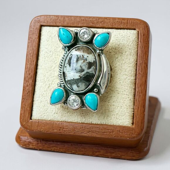Southwestern White Buffalo Turquoise Statement Ring Sterling Silver Elegance 8 - Picture 1 of 6